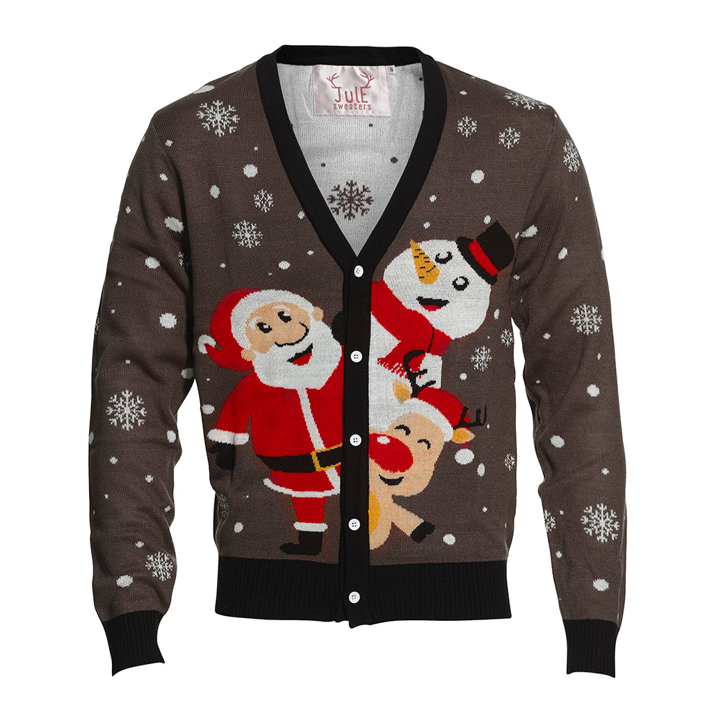 En brun julekofta med julenissen og en snømann.