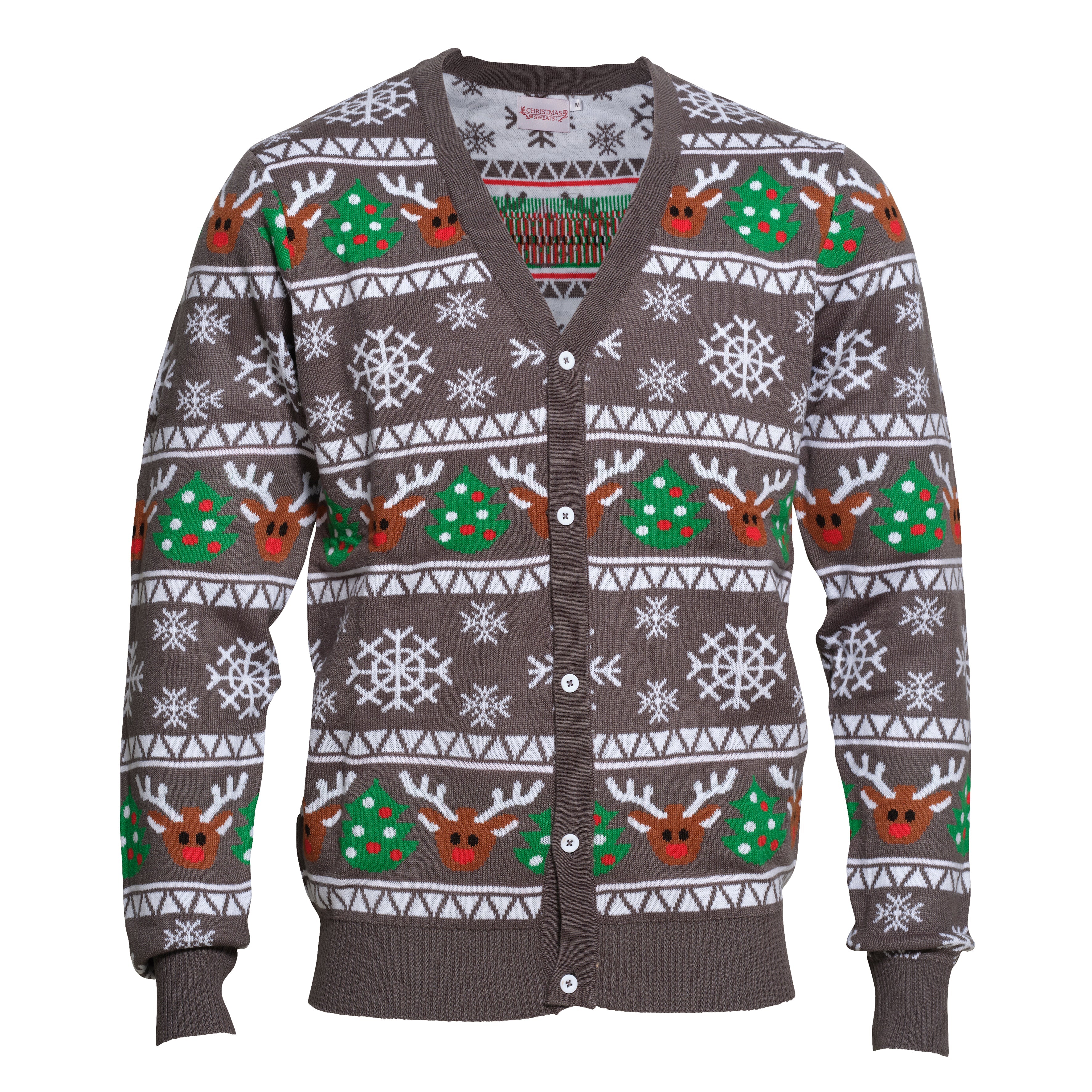 Grå julegenser med snøfnugg og reinsdyr.