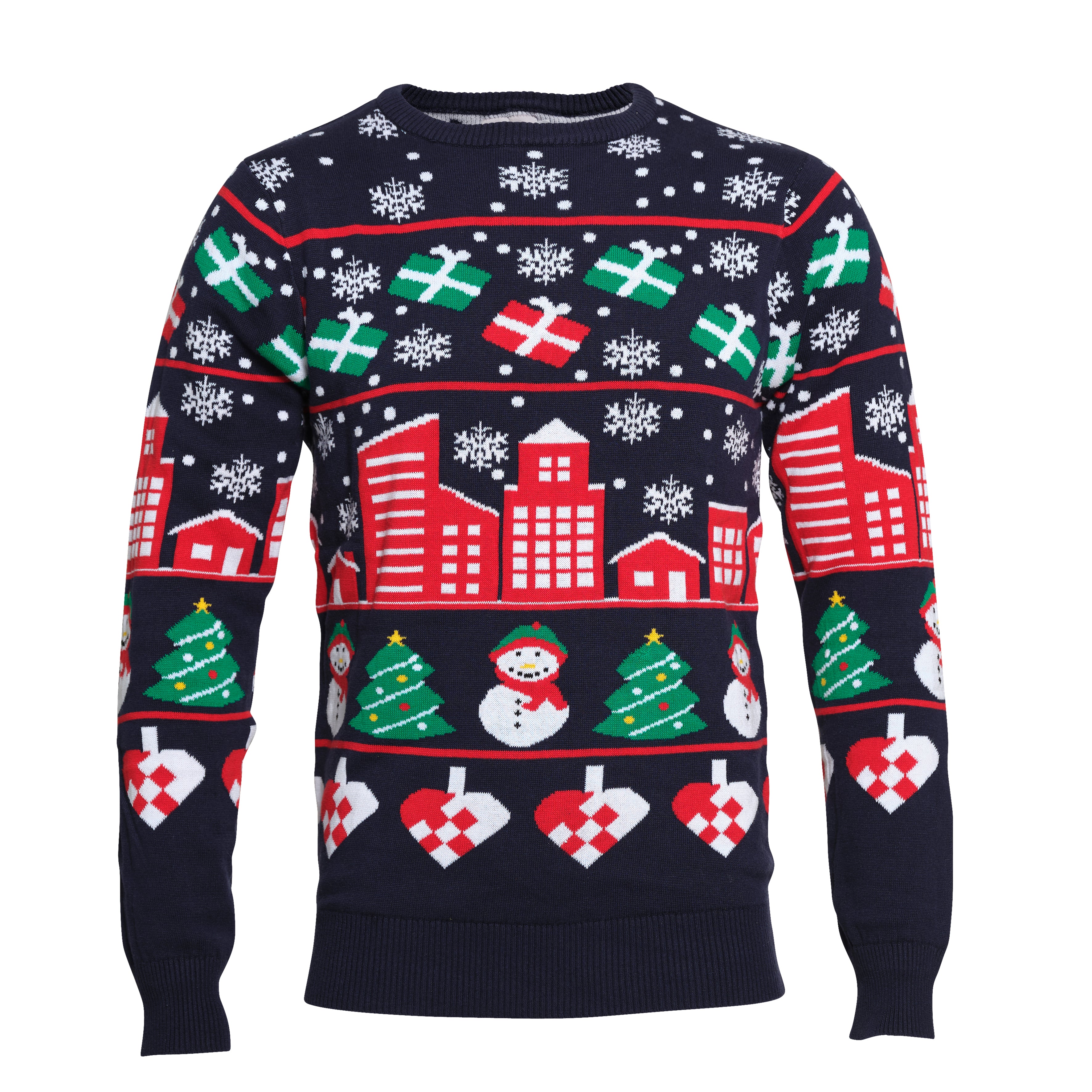 En julegenser med snøfnugg og gaver.