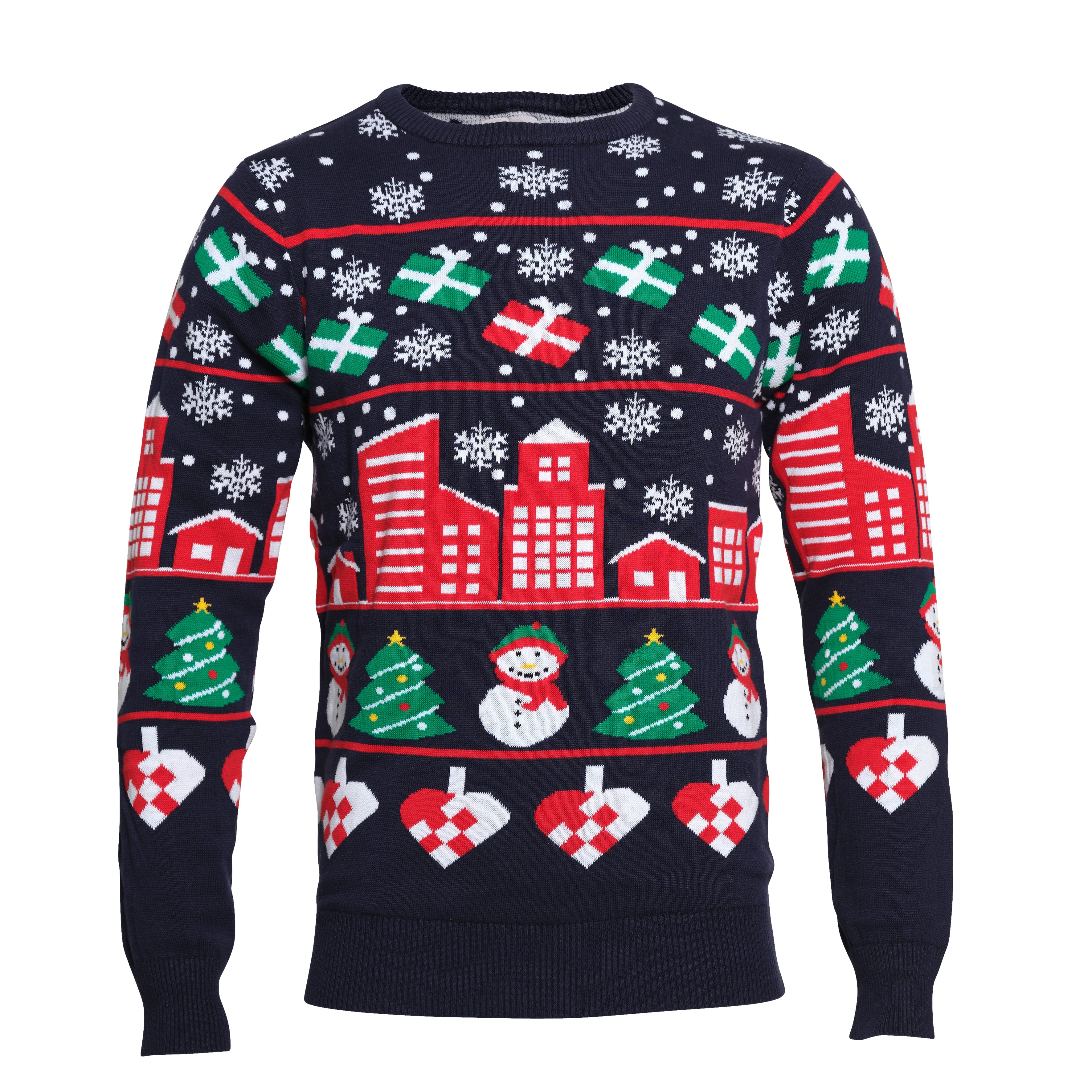 En julegenser med snøfnugg og gaver.